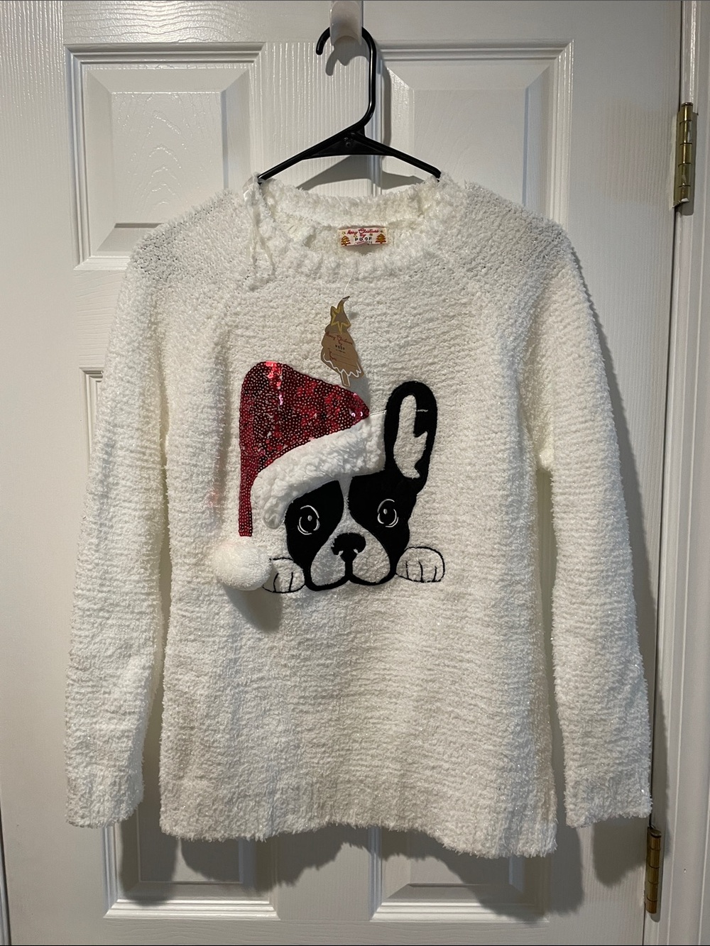 Poof! White Women's Sequin Santa Hat French Bulldog Sweater
